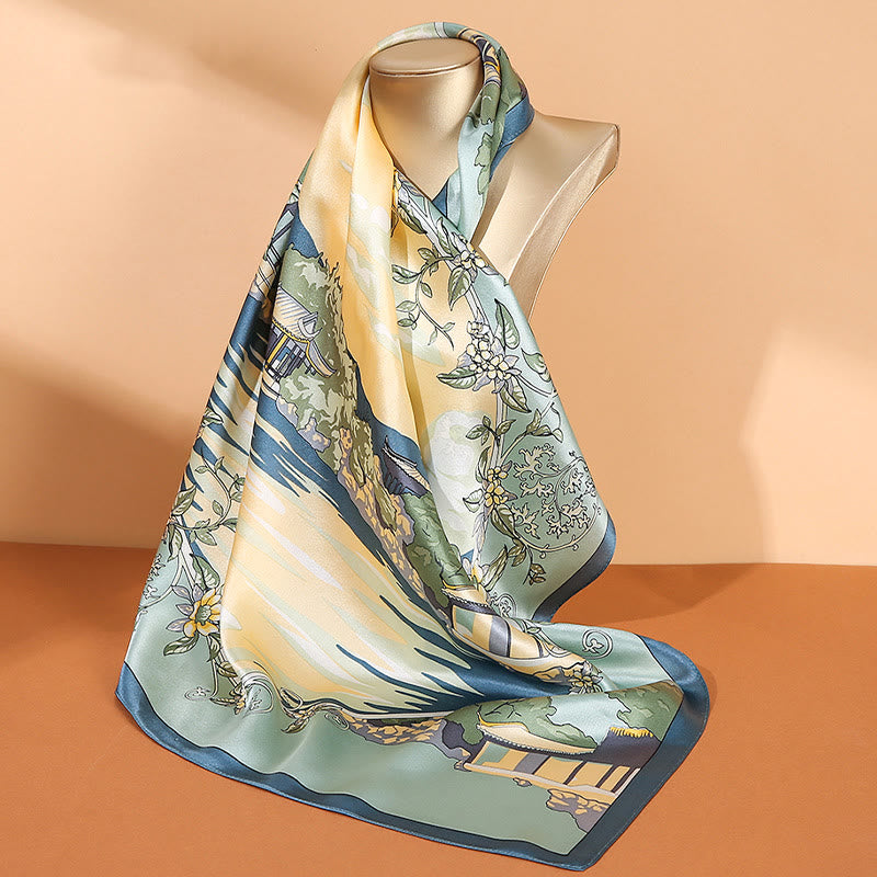 Buddha Stones Pastoral Scene Hot Air Balloon Spring Blossom 100% Mulberry Silk Neck Hair Scarf - Pastoral - image 0