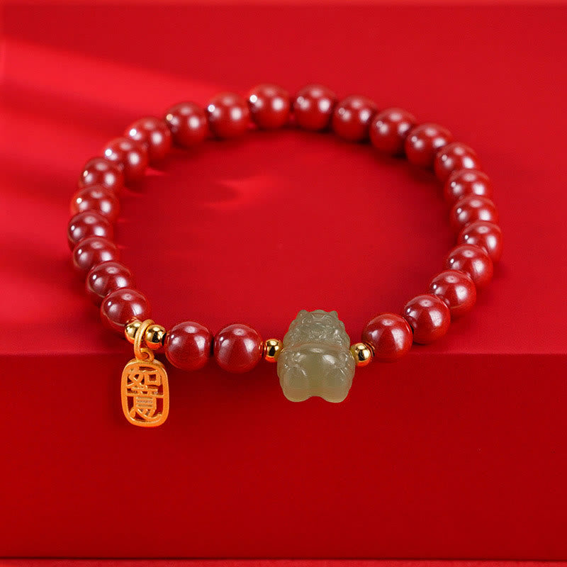 Buddha Stones 925 Sterling Silver Year of the Dragon Natural Cinnabar Hetian Jade Dragon Fu Character Ruyi As One Wishes Charm Blessing Bracelet - Red Cinnabar(Wrist Circumference 14-16cm) - Ruyi(As One Wishes) Charm - image 4