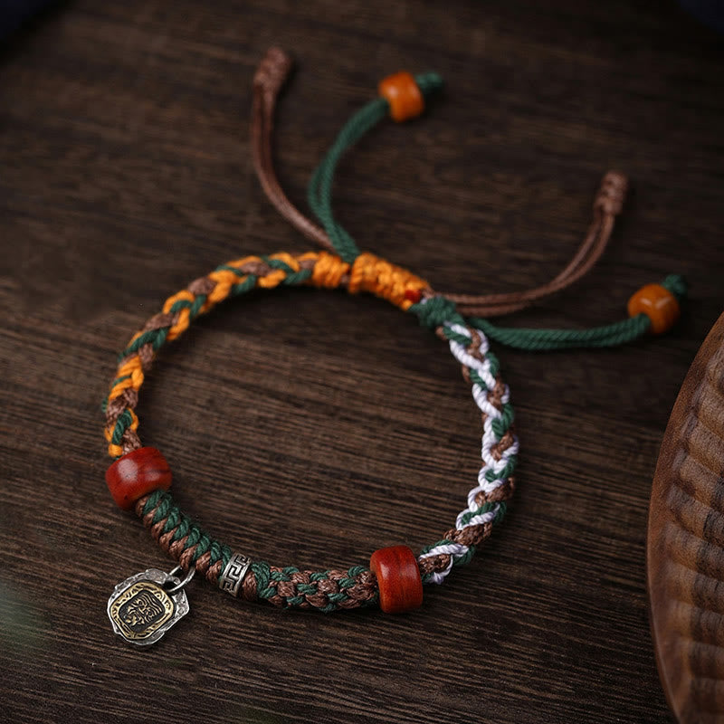 Buddha Stones Handmade Tibetan Silver 925 Sterling Silver Zakiram Goddess of Wealth Camel Bone Protection Braided Bracelet - image 1