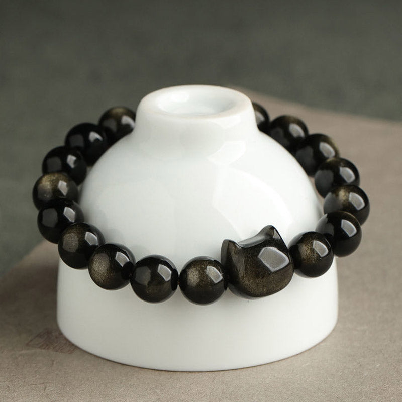 Buddha Stones Gold Sheen Obsidian Silver Sheen Obsidian Lovely Paw Lucky Cat Protection Bracelet - image 1