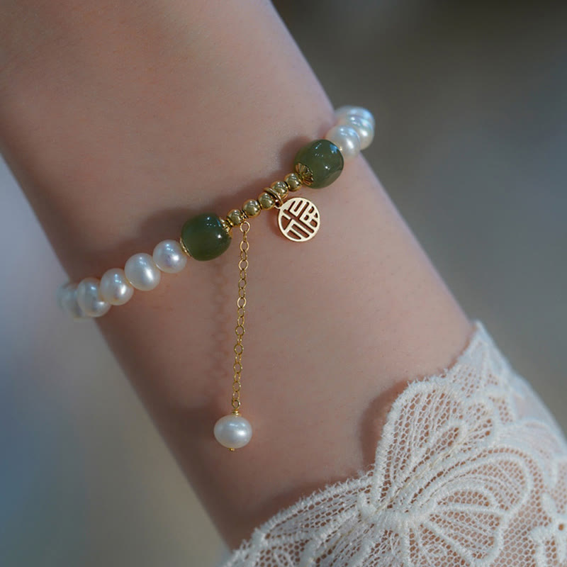 Buddha Stones Natural Pearl Hetian Jade Happiness Wisdom Bead Bracelet - image 2