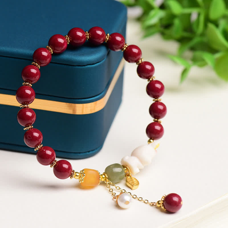 Buddha Stones Year of the Rabbit Cinnabar Hetian Jade Bunny Beaded Blessing Bracelet - image 3