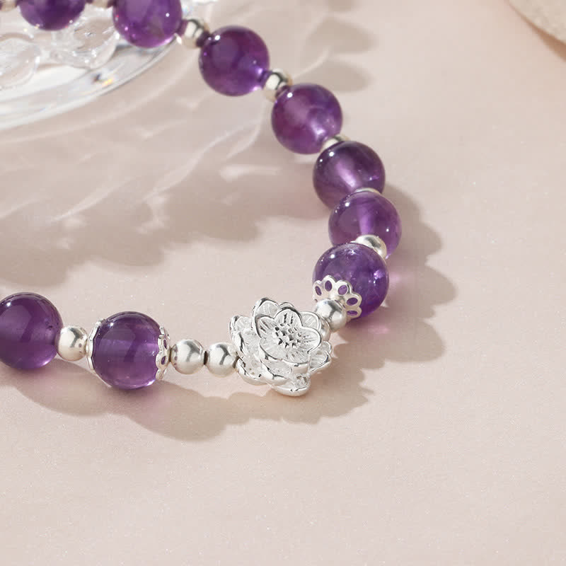 Buddha Stones 925 Sterling Silver Natural Amethyst Lotus Spiritual Bracelet - image 4