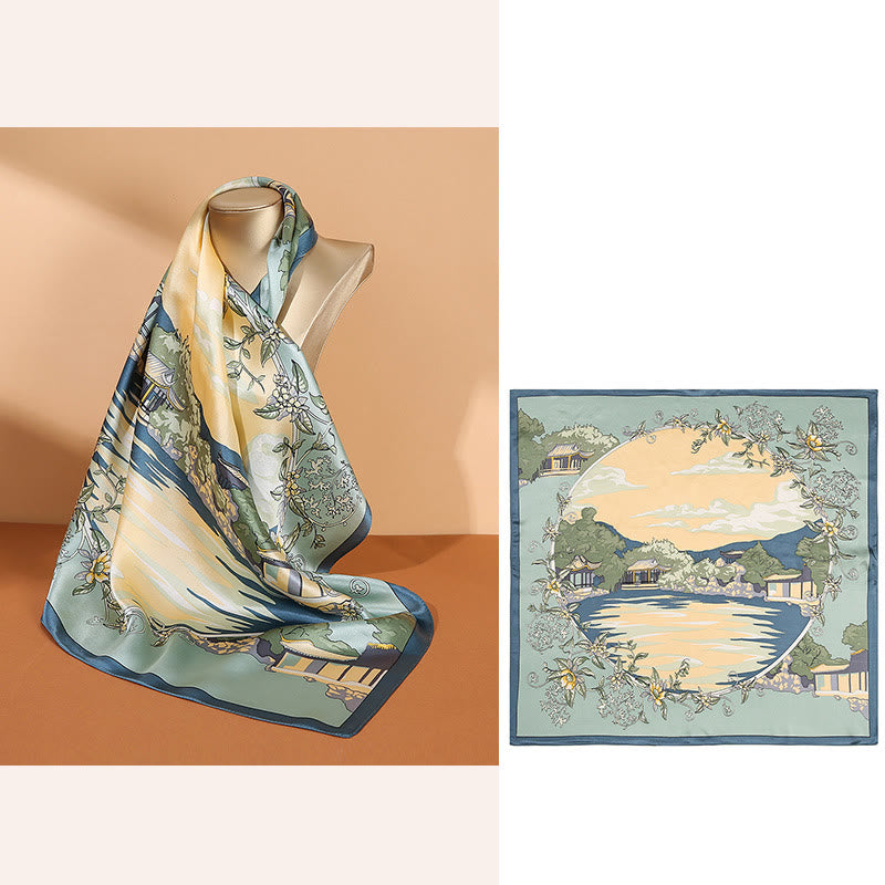 Buddha Stones Pastoral Scene Hot Air Balloon Spring Blossom 100% Mulberry Silk Neck Hair Scarf - image 4