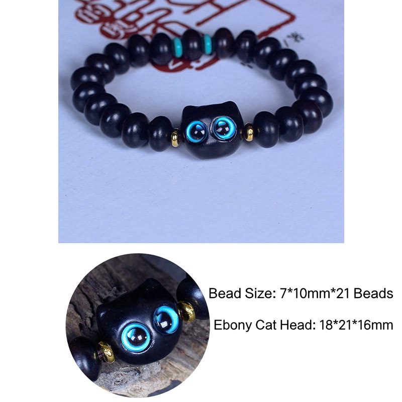 Buddha Stones Ebony Wood Liuli Glass Lovely Cat Peace Balance Bracelet - image 7