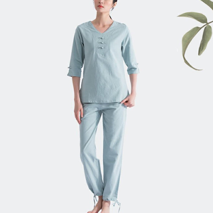 Buddha Stones Yoga Meditation Prayer V-neck Design Cotton Linen Clothing Uniform Zen Practice Women's Set - image 2