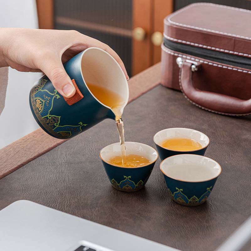Buddha Stones Flower Chinese Gongfu Ceramic Teapot Portable Outdoor Travel Tea Set Bag - image 2