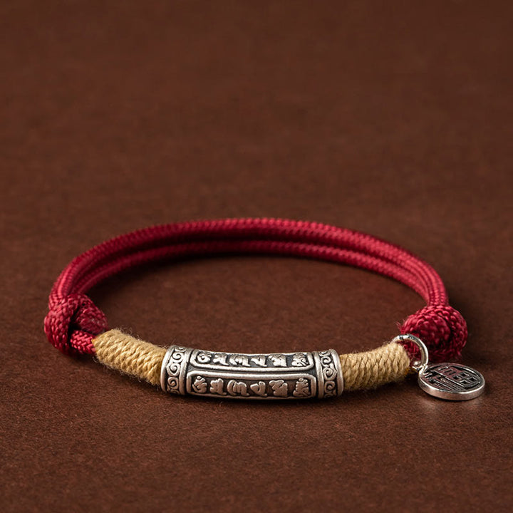 Buddha Stones 999 Sterling Silver Tibet Handmade Om Mani Padme Hum Fu Character TopRank Character Luck Braided Bracelet - Silver Om Mani Padme Hum - Red Rope(Wrist Circumference 15-19cm) - image 0