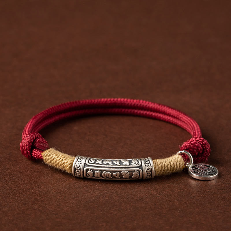 Buddha Stones 999 Sterling Silver Tibet Handmade Om Mani Padme Hum Fu Character TopRank Character Luck Braided Bracelet - Silver Om Mani Padme Hum - Red Rope(Wrist Circumference 15-19cm) - image 0