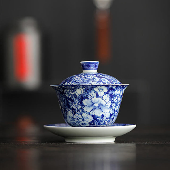 Buddha Stones Vintage Blue And White Porcelain Ceramic Gaiwan Sancai Teacup Kung Fu Tea Cup And Saucer With Lid - image 12