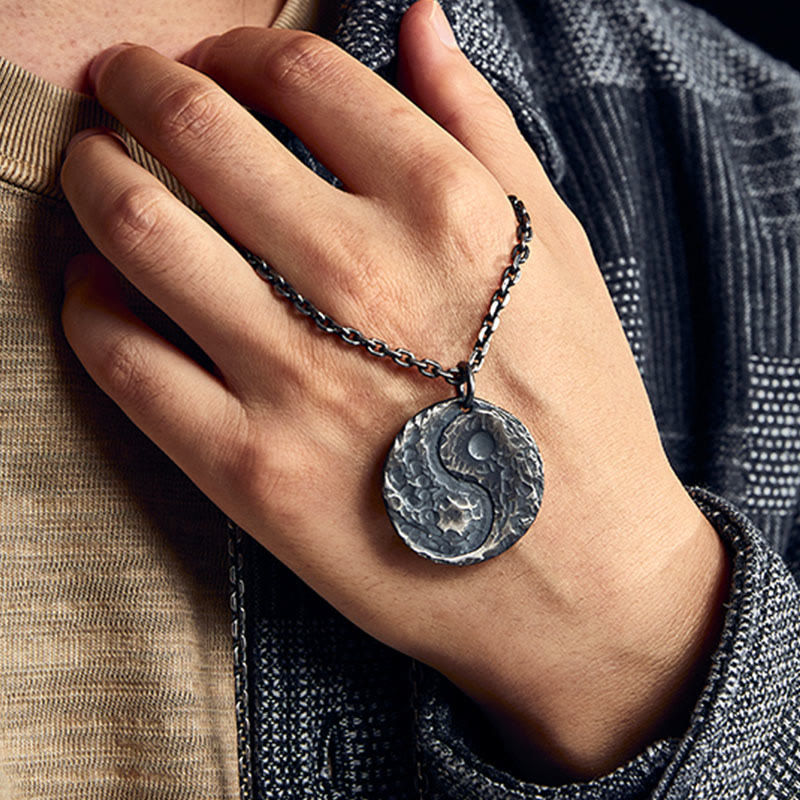 Buddha Stones 990 Sterling Silver Yin Yang Hammer Texture Harmony Necklace Pendant - image 10