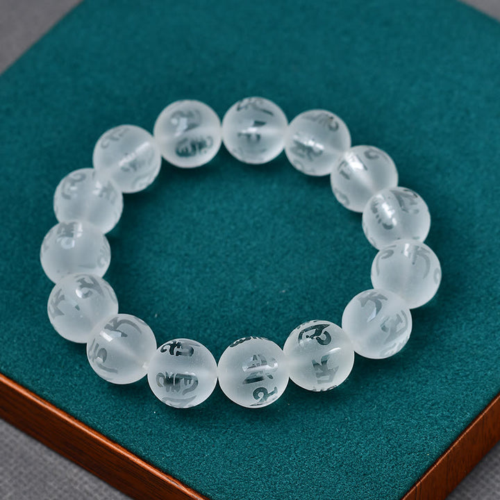 Buddha Stones Tibet White Crystal Black Onyx Om Mani Padme Hum Meditation Bracelet - Frosted White Crystal(Synthetic) - 14mm - image 10