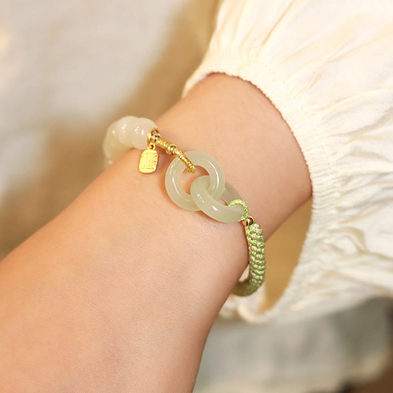 Buddha Stones Natural Hetian Jade Bead Double Peace Buckle Fu Character Abundance Braided Bracelet - image 5