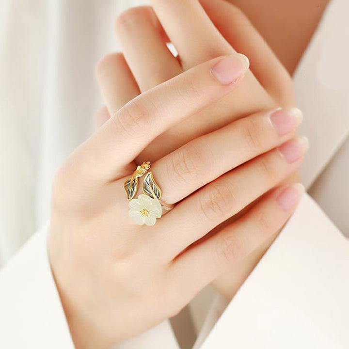 Buddha Stones 925 Silver Plated Copper White Jade Plum Flower Leaf Luck Ring - image 3