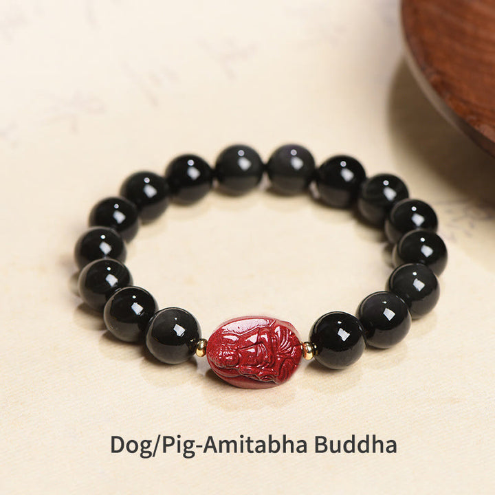 Buddha Stones Chinese Zodiac Natal Buddha Natural Black Obsidian Cinnabar Purification Bracelet - 10mm - Dog/Pig-Amitabha Buddha(Wrist Circumference 14-17cm) - image 10
