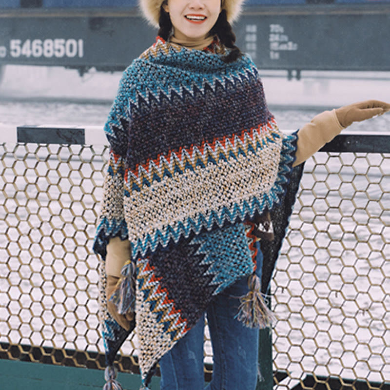 Buddha Stones Tibetan Shawl Blue Beige Red Wavy Pattern Winter Warm Tassel Scarf - image 5