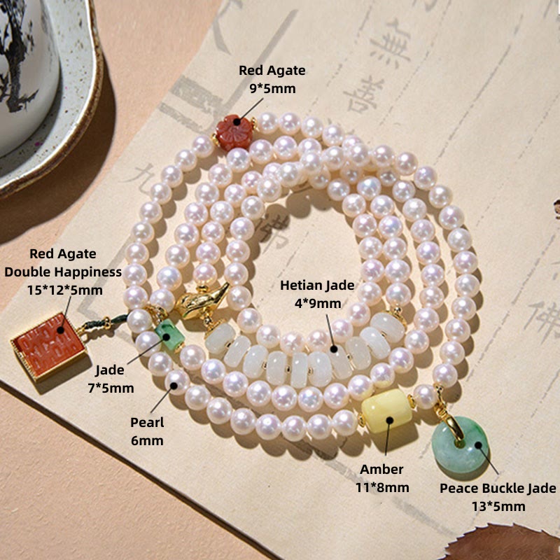 Buddha Stones 925 Sterling Silver Pearl Hetian Jade Red Agate Double Happiness Amber Luck Quadruple Wrap Bracelet - image 8
