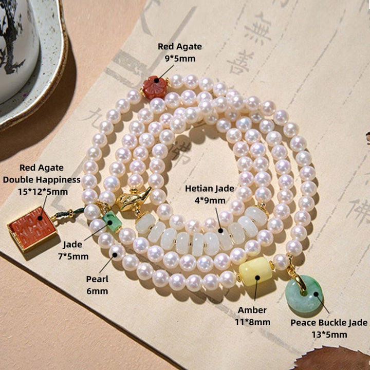 Buddha Stones 925 Sterling Silver Pearl Hetian Jade Red Agate Double Happiness Amber Luck Quadruple Wrap Bracelet - image 8