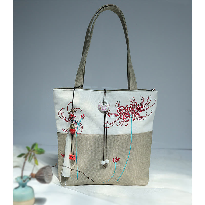 Buddha Stones Pear Flower Plum Peach Blossom Bamboo Embroidery Canvas Large Capacity Shoulder Bag Tote Bag - image 43