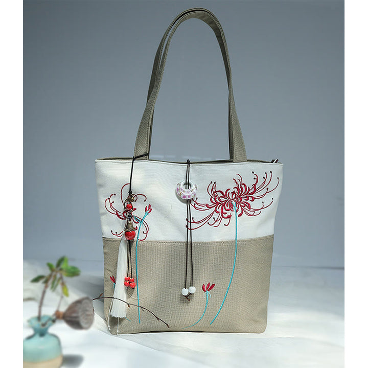 Buddha Stones Pear Flower Plum Peach Blossom Bamboo Embroidery Canvas Large Capacity Shoulder Bag Tote Bag - image 43