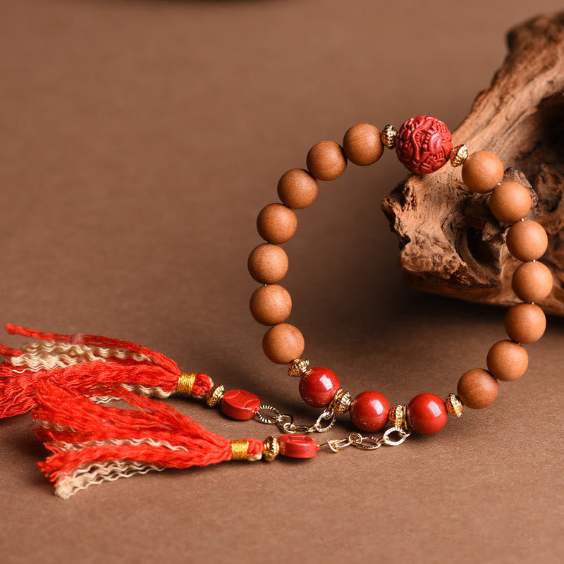 Buddha Stones Tibetan Natural Peach Wood Cinnabar PiXiu Wealth Tassels Bracelet - image 1