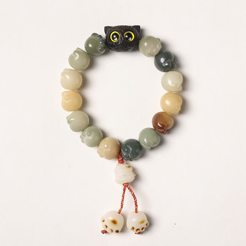 Buddha Stones Natural Bodhi Seed Lovely Paw Ebony Wood Lucky Cat Wisdom Bracelet - Multicolored Bodhi Seed - Tassel Version(Wrist Circumference 14-15cm) - image 6