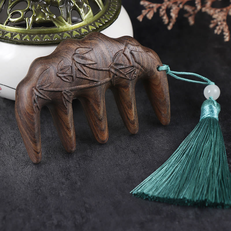 Green Sandalwood Plum Blossom Flowers Lotus Koi Fish Engraved Soothing Tassel Comb - Chacate Preto Wood Bamboo - image 3