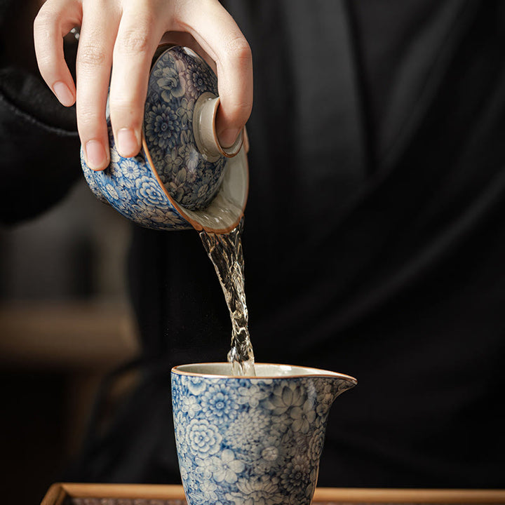 Buddha Stones Vintage Blue And White Porcelain Peach Blossom Lotus Peony Ceramic Gaiwan Sancai Teacup Kung Fu Tea Cup And Saucer With Lid - image 8