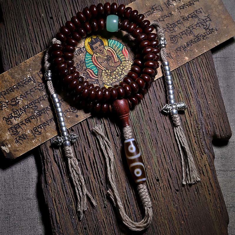 Buddha Stones Natural Tibet 108 Mala Beads Purple Bodhi Seed Three-eyed Dzi Bead Copper Dorje Harmony Bracelet - Purple Bodhi Seed Three-eyed Dzi Bead Copper Dorje - 11mm - image 0