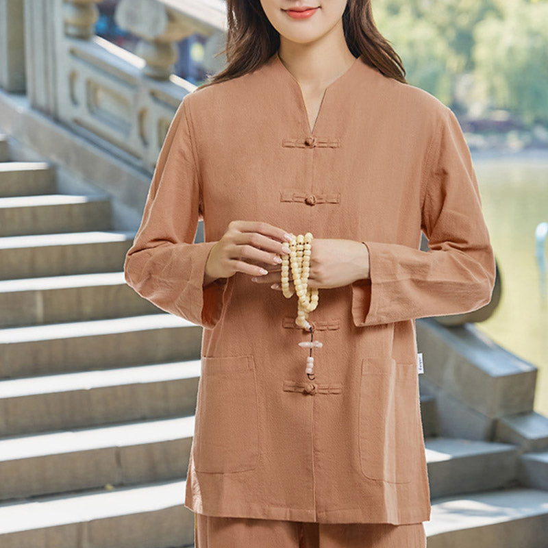 Buddha Stones Spiritual Zen Practice Yoga Meditation Prayer Uniform Cotton Linen Clothing Women's Set - SandyBrown - US18，UK/AU22，EU50 (6XL) - image 13