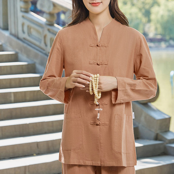 Buddha Stones Spiritual Zen Practice Yoga Meditation Prayer Uniform Cotton Linen Clothing Women's Set - SandyBrown - US18，UK/AU22，EU50 (6XL) - image 13