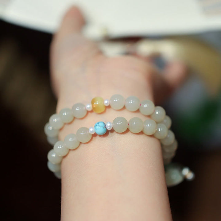 Buddha Stones 925 Sterling Silver Hetian Jade Double Peace Buckle Lotus Luck Double Wrap Bracelet - image 2