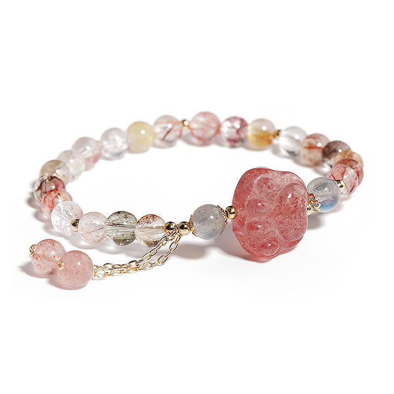 Buddha Stones Natural Strawberry Quartz Cat Paw Claw Colorful Rutilated Quartz Moonstone Love Bracelet - Strawberry Quartz&Colorful Rutilated Quartz - image 0