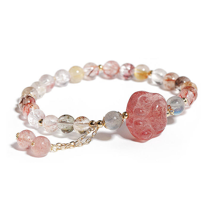 Buddha Stones Natural Strawberry Quartz Cat Paw Claw Colorful Rutilated Quartz Moonstone Love Bracelet - Strawberry Quartz&Colorful Rutilated Quartz - image 0