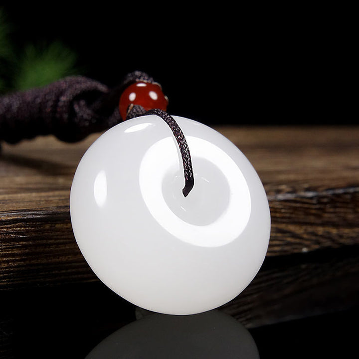 Buddha Stones Round Hetian White Jade Peace Buckle Blessing Necklace Pendant - image 4
