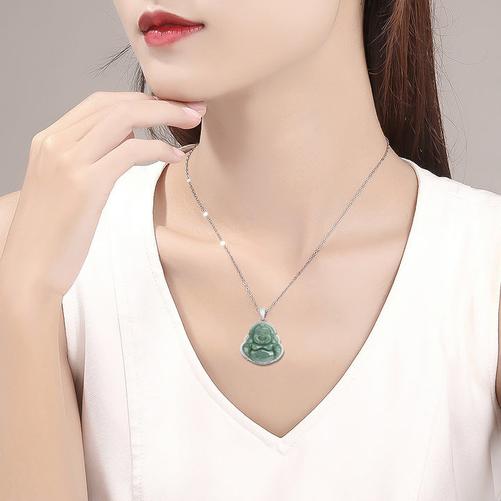 Buddha Stones Laughing Buddha Jade Abundance Necklace Titanium Steel Chain Pendant - image 2