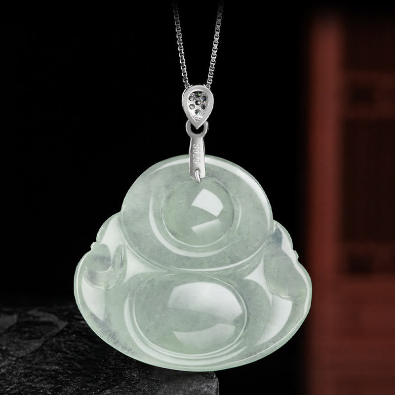 Buddha Stones Natural Jade Laughing Buddha Prosperity Abundance Titanium Steel Chain Necklace Pendant - image 4