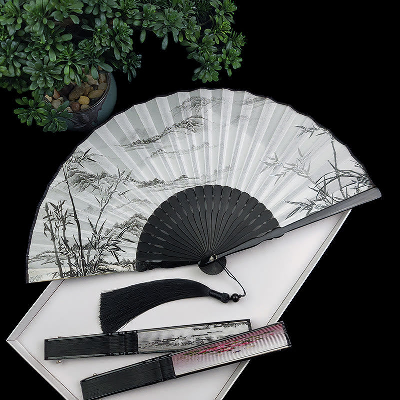 Buddha Stones Vintage Bamboo Peony Butterfly Lotus Handheld Silk Folding Fan With Bamboo Frames - image 0