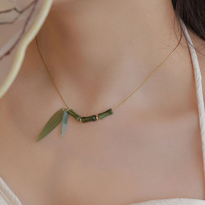 Buddha Stones Bamboo Leaf Jade Design Wealth Necklace Pendant - image 5