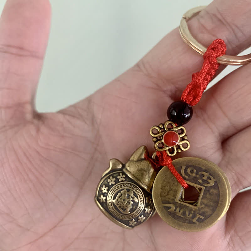 Buddha Stones Feng Shui Five Emperor Coins Lucky Cat Money Wealth Keychain - image 3