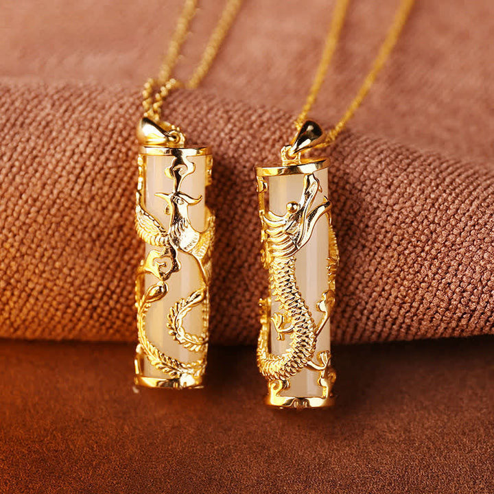 Buddha Stones Jade Dragon Phoenix Copper Blessing Harmony Necklace Pendant - image 8