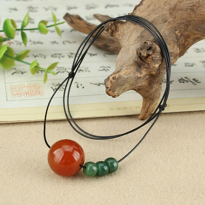 Buddha Stones Red Agate Green Aventurine Green Bodhi Seed Bead Calm Leather Rope Necklace Pendant - image 2
