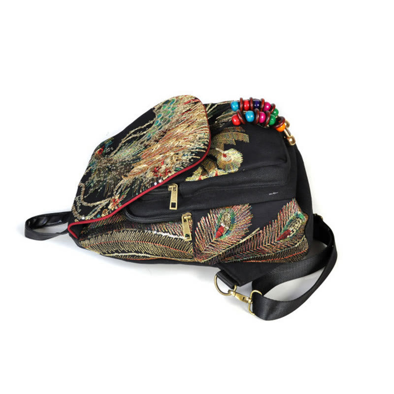 Buddha Stones Peacock Embroidery Canvas Tassel Backpack - image 14