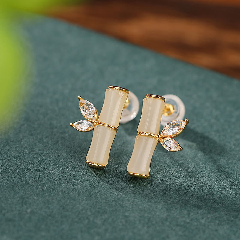 Buddha Stones 925 Sterling Silver Hetian Cyan Jade White Jade Red Agate Bamboo Pattern Luck Stud Earrings - White Jade(Protection♥Blessing) - image 8