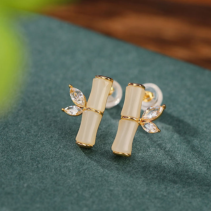 Buddha Stones 925 Sterling Silver Hetian Cyan Jade White Jade Red Agate Bamboo Pattern Luck Stud Earrings - White Jade(Protection♥Blessing) - image 8