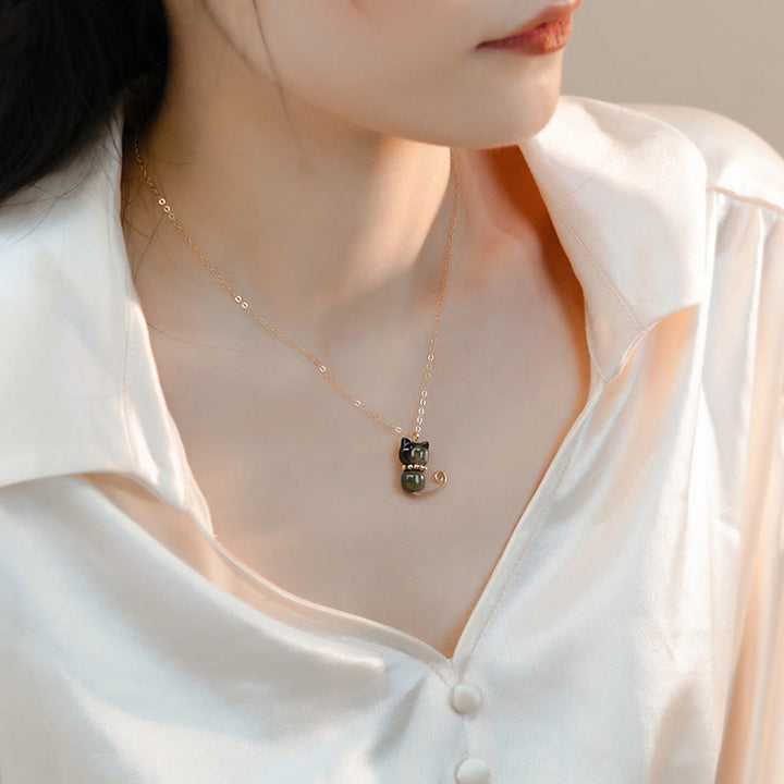 Buddha Stones 14K Gold Plated Pearl Hetian Jade Shell Luck Cat Kitten Necklace Pendant - image 8
