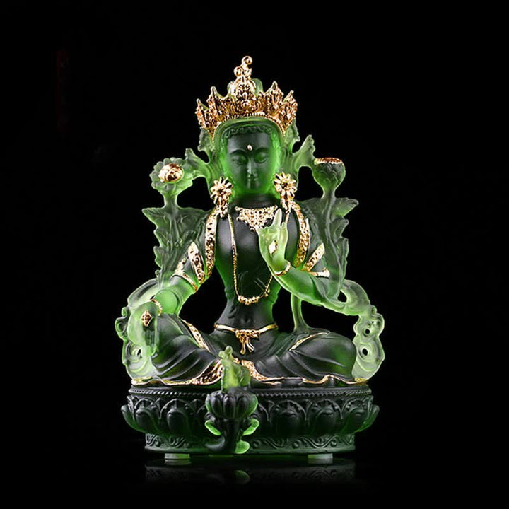 Buddha Stones Bodhisattva Green Tara Handmade Liuli Crystal Art Piece Protection Home Office Statue Decoration - 8*6*12.8cm - Gold Green Tara - image 4