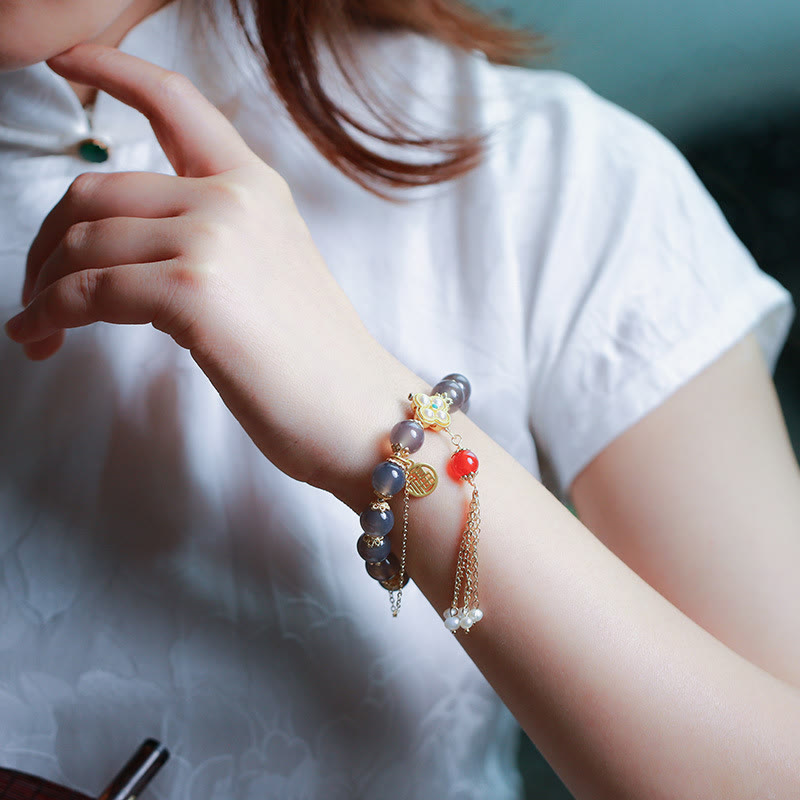 Buddha Stones Natural Gray Agate Fu Character Pearl Tassel Balance Bracelet - image 10