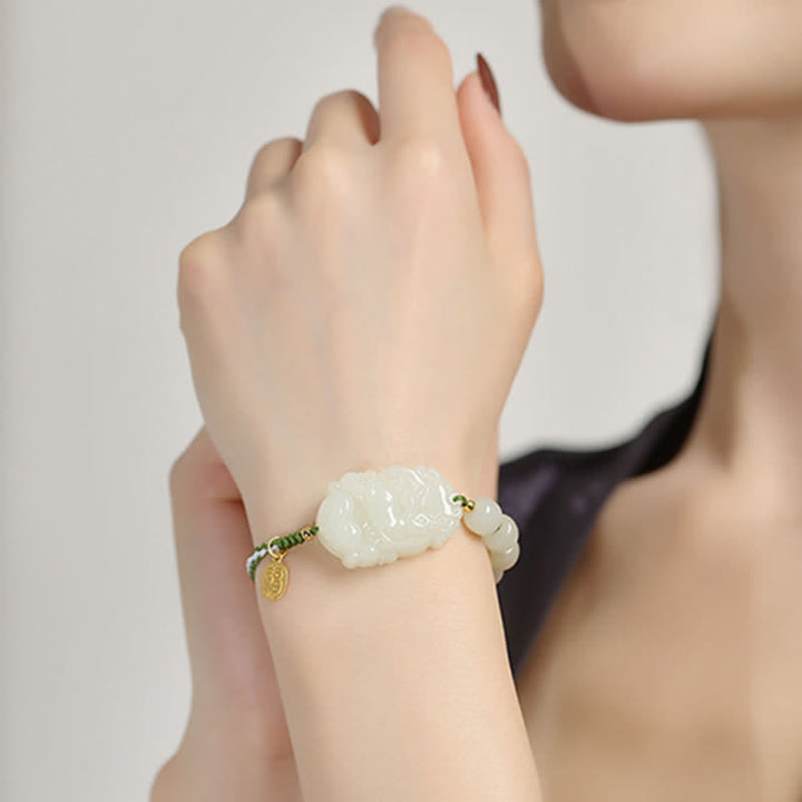 Buddha Stones 925 Sterling Silver Chinese Zodiac Hetian Jade Happiness Luck String Bracelet - image 4