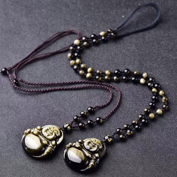 Buddha Stones Laughing Buddha Gold Sheen Obsidian Wealth Necklace Pendant - image 2